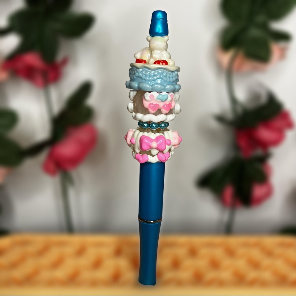 Kawaii Puppy Bear Cake with Pink & White Handpainted Beads Handmade Beaded Pen - Picture 2 of 8